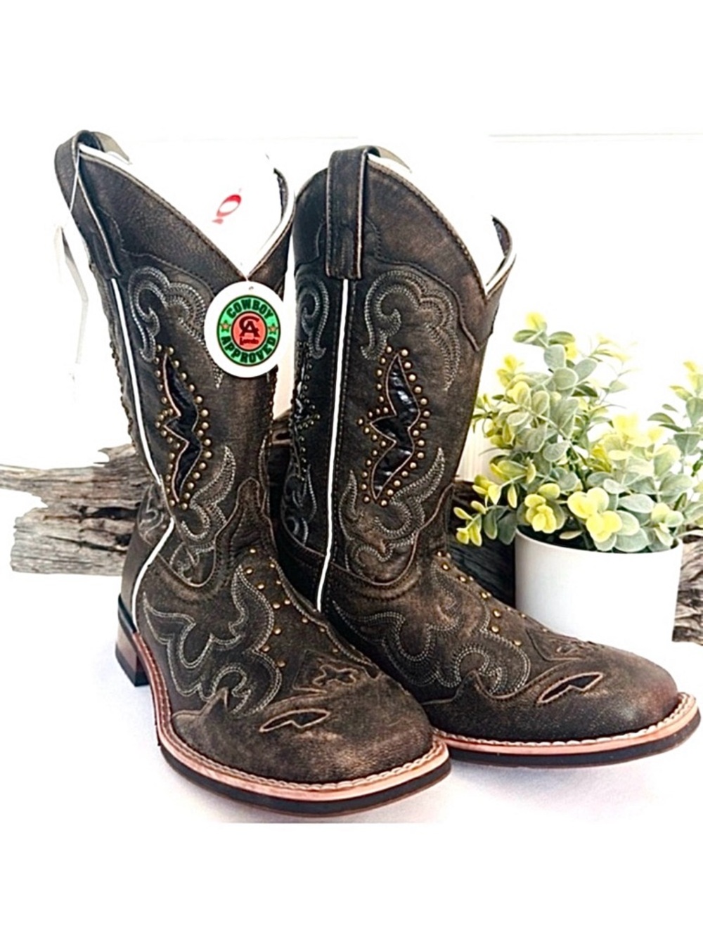 LAREDO ~ Brown Leather Cowgirl Boots with Brass Studs & Turquoise Floral Lining